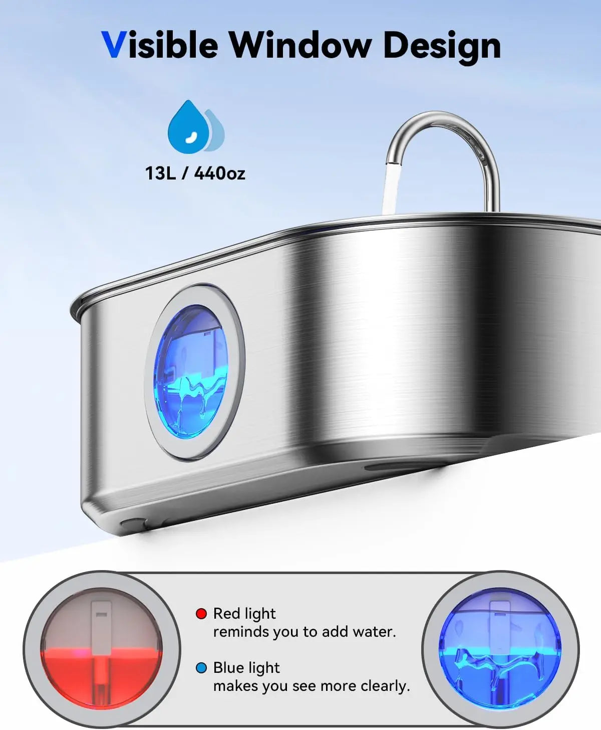 Stainless Steel Pet Fountain With Tray Quiet Pump Water Window