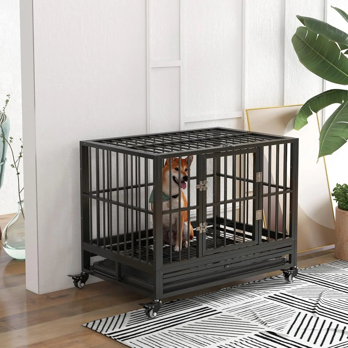 Heavy Duty Dog Crate With Double Door And Lockable Wheels