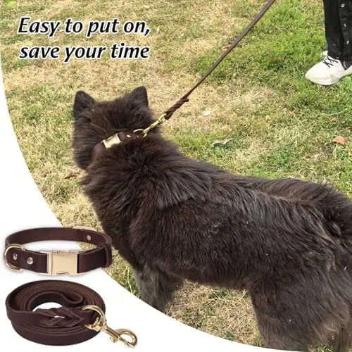 XMSJ Leather Dog Collar And Leash Set Heavy Duty Adjustable