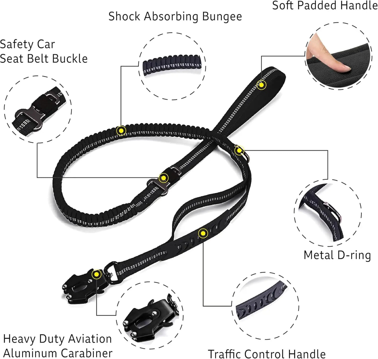 Reflective Shock Absorbing Bungee Dog Leash Car Seatbelt Large Dogs