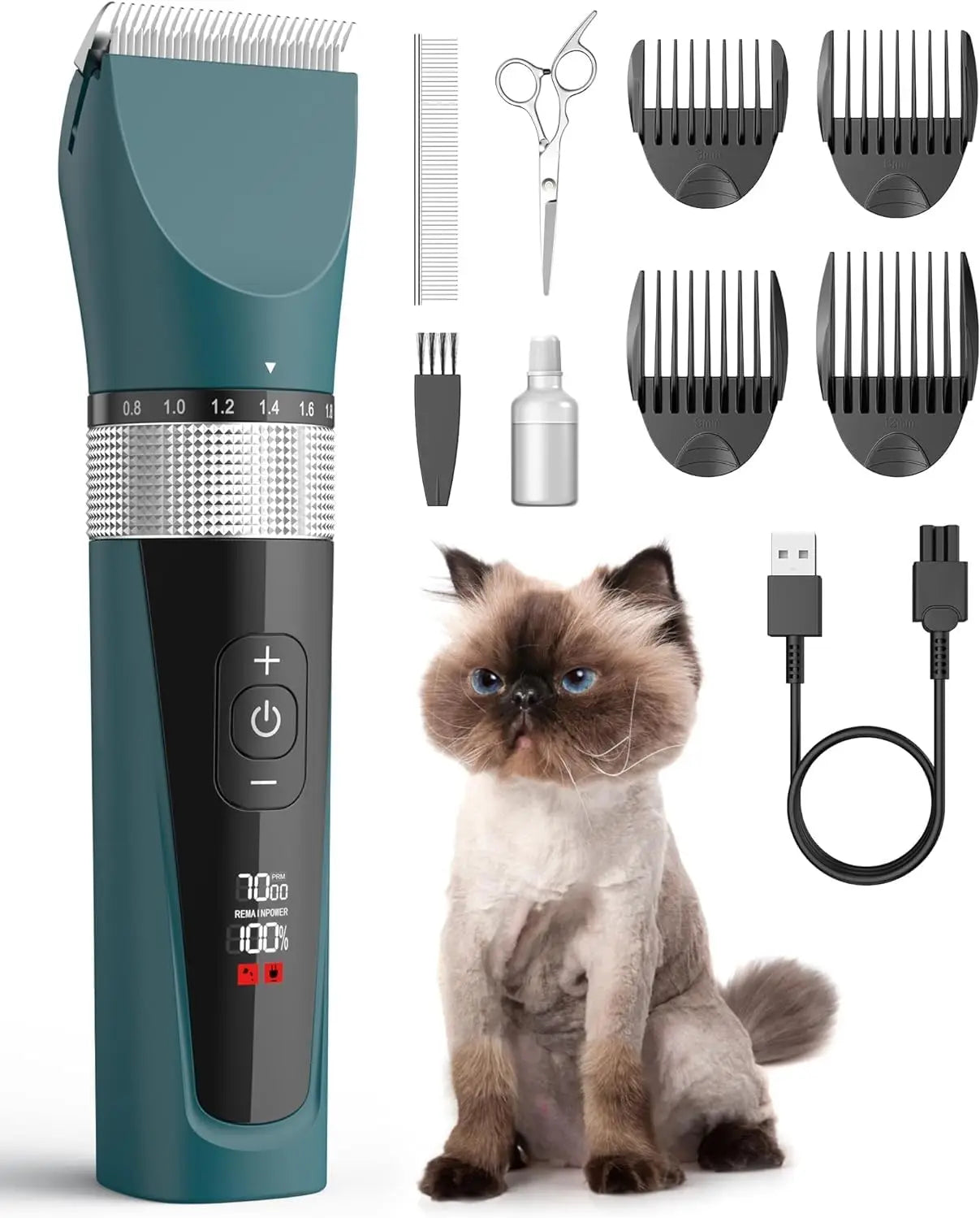Cordless Cat Grooming Clipper 5 Speed Quiet Waterproof LCD Display