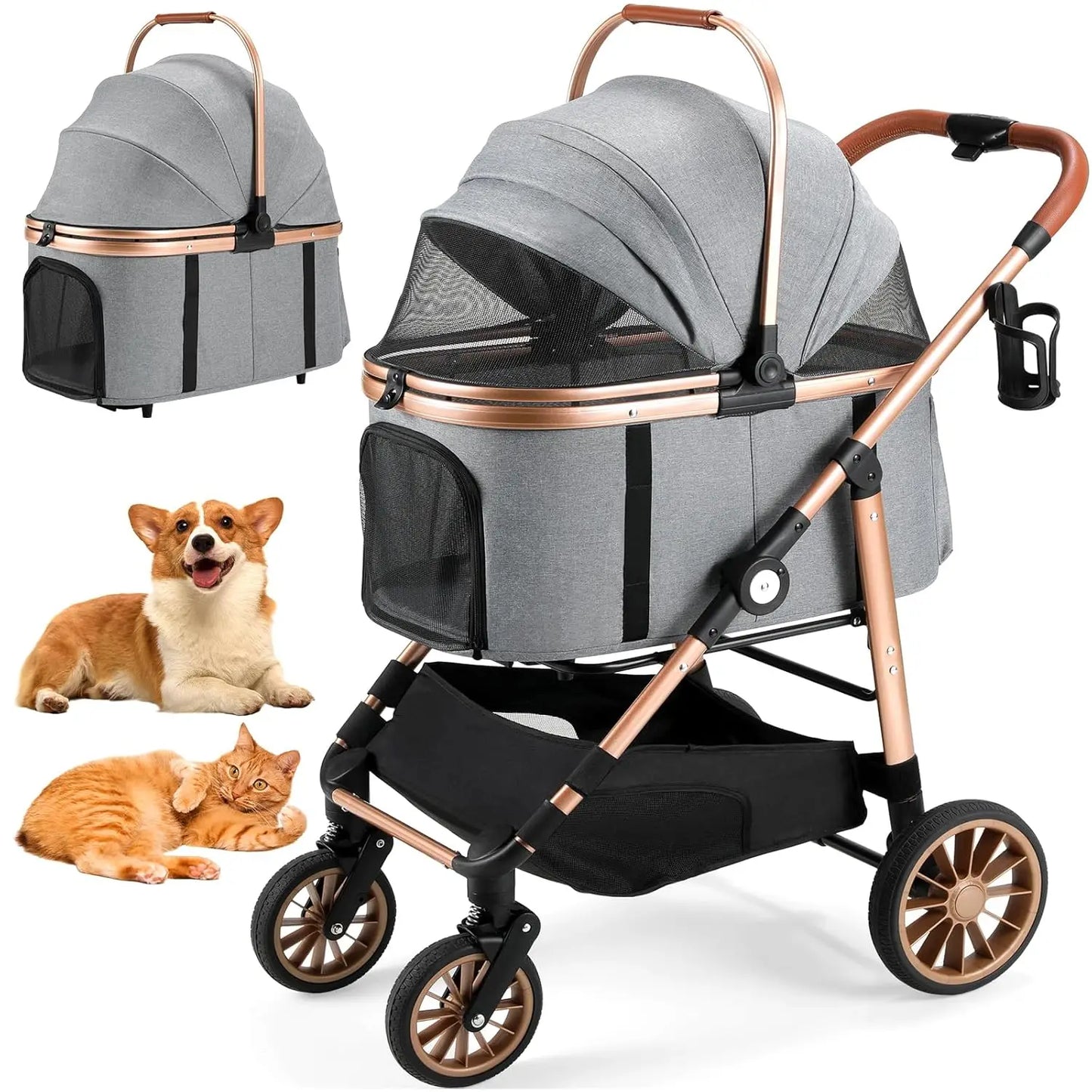 360 Degree High Wheel Cat Dog Stroller 2in1 Car Attachment