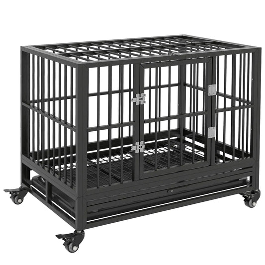 Heavy Duty Dog Crate With Double Door And Lockable Wheels