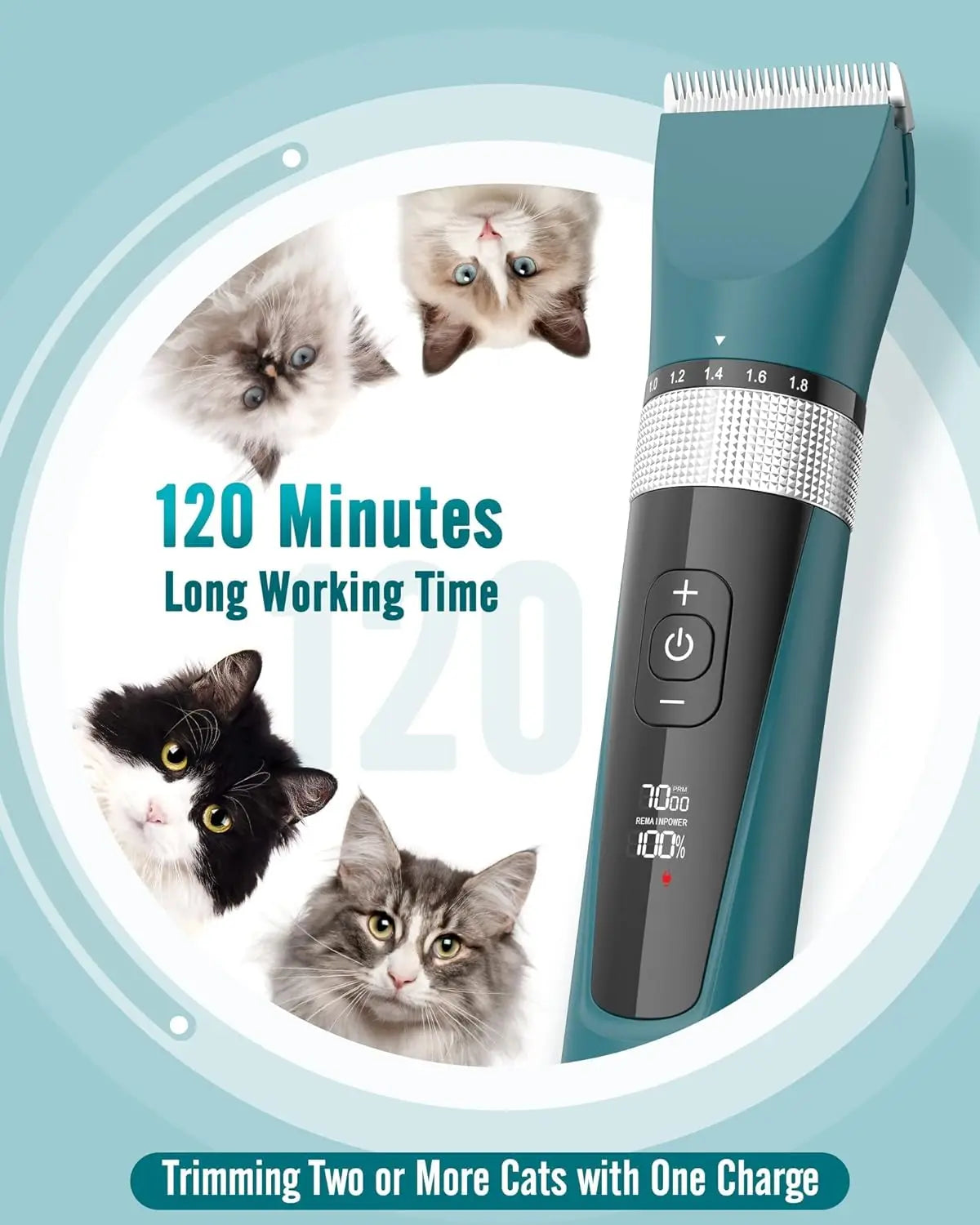 Cordless Cat Grooming Clipper 5 Speed Quiet Waterproof LCD Display