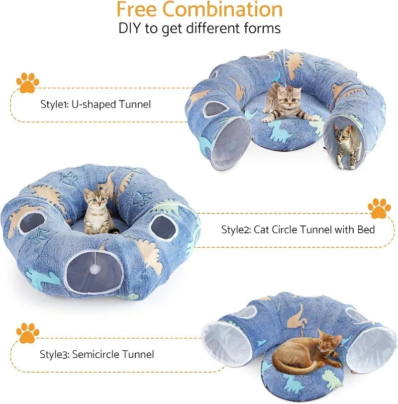 Foldable Cat Tunnel Interactive Play System With Peekaboo Cave