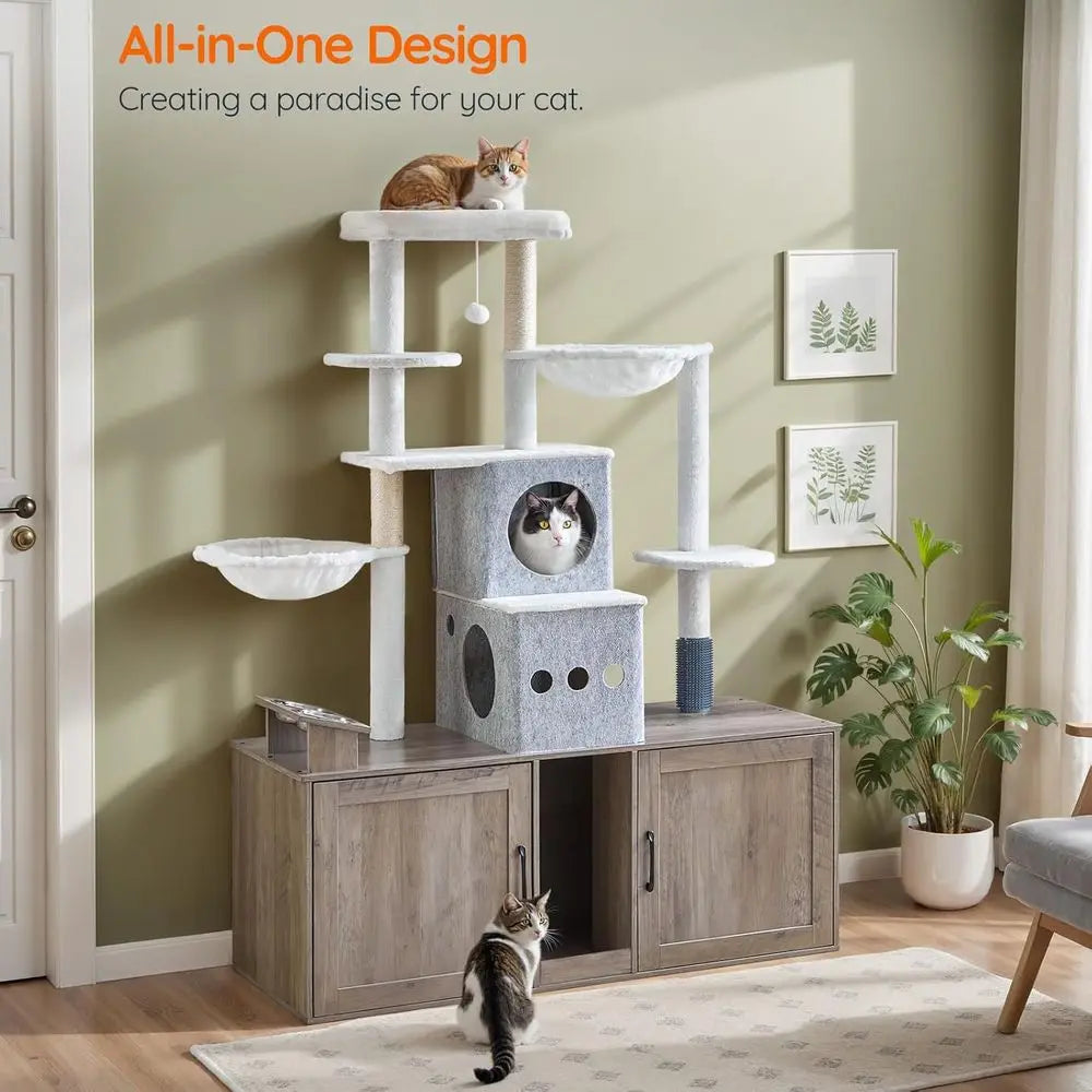 Cat Tree With Hidden Litter Box Enclosure And Freestanding Design