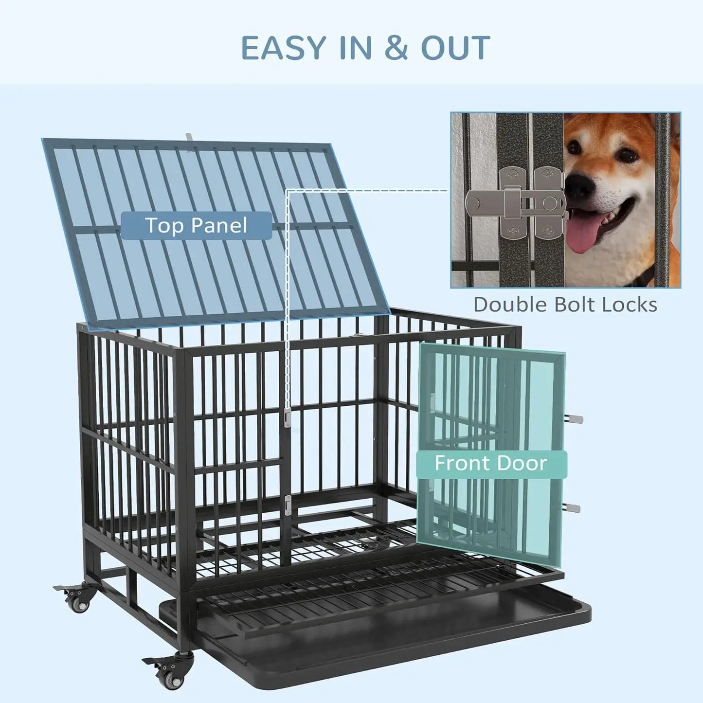 Heavy Duty Dog Crate With Double Door And Lockable Wheels