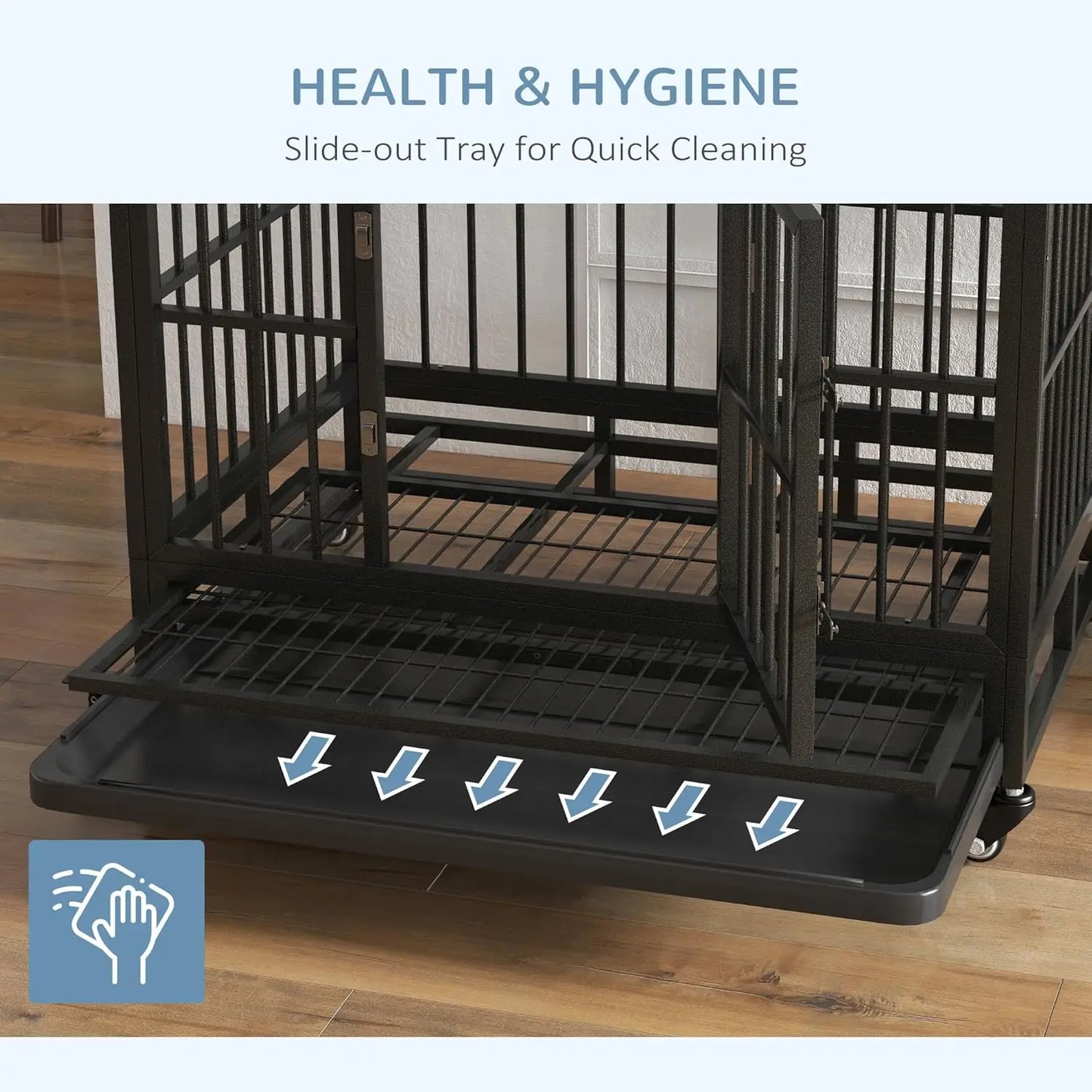 Heavy Duty Dog Crate With Double Door And Lockable Wheels