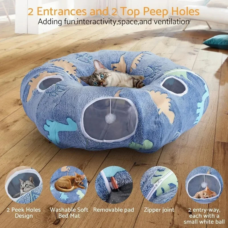 Foldable Cat Tunnel Interactive Play System With Peekaboo Cave