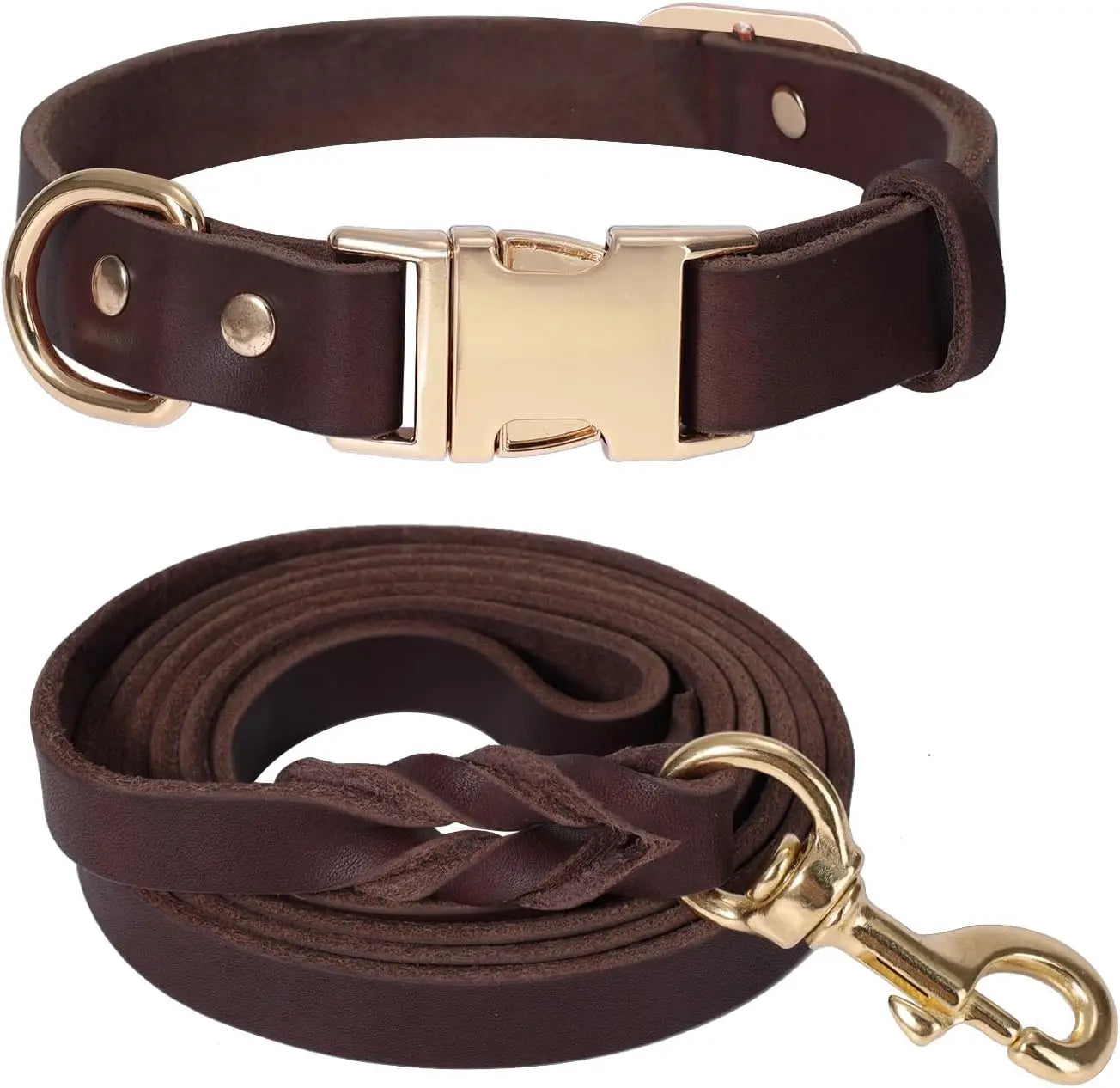 XMSJ Leather Dog Collar And Leash Set Heavy Duty Adjustable