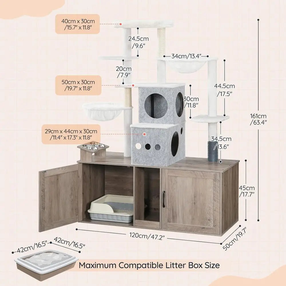 Cat Tree With Hidden Litter Box Enclosure And Freestanding Design